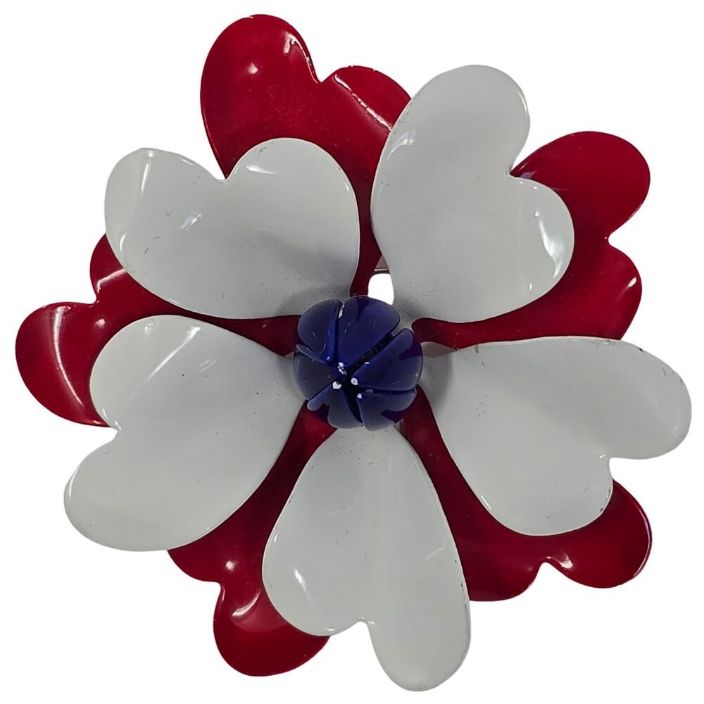 Vintage Red White Blue Enamel Flower Brooch with Heart Petals Patriotic Pin